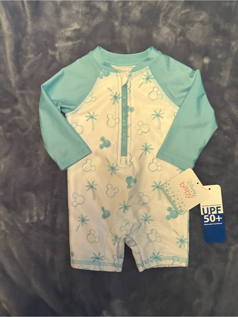 Disney Baby 3/6 Months Blue & White UPF 50+ Baby Rashguard Romper